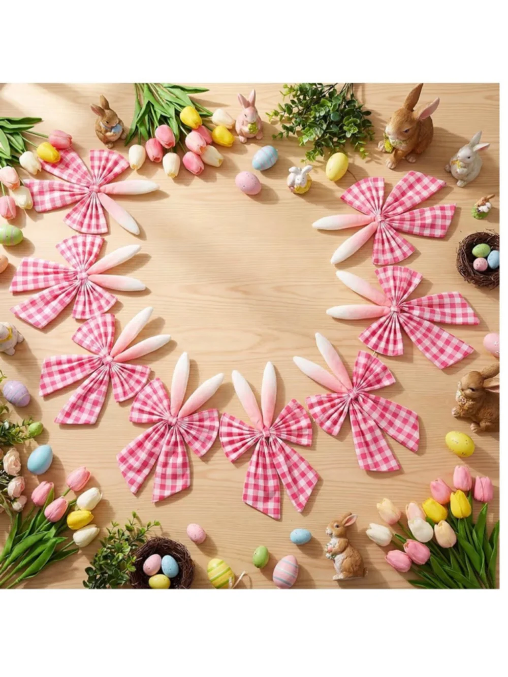 NEW 8.2ft Easter Bunny Pink Bow Garland Decorations Rabbit Ears Bow Plaid Velvet